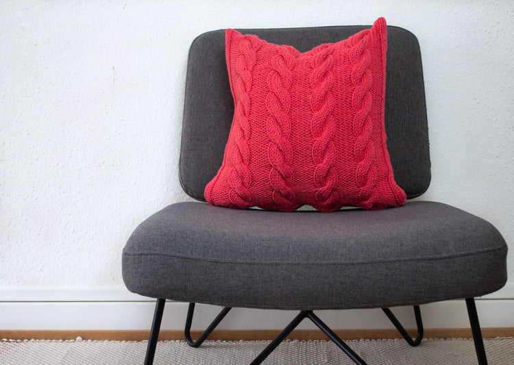 Hand Knit Chunky Cable Stitch Cushion - Salmon Pink