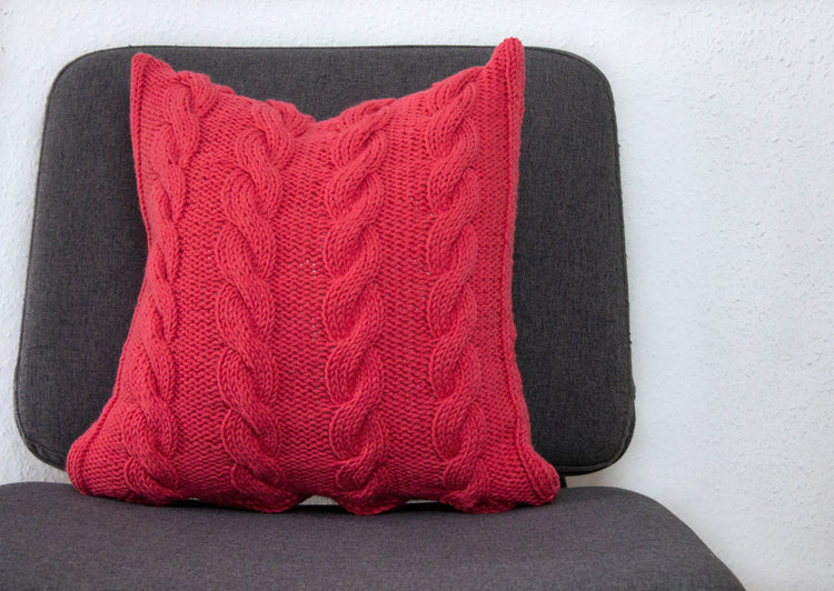 Hand Knit Chunky Cable Stitch Cushion - Salmon Pink