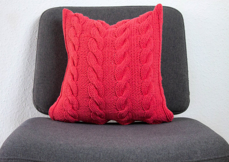 Hand Knit Chunky Cable Stitch Cushion - Salmon Pink