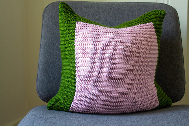 Colourblock Cushion Hand Knit in Emerald & Blush Pink