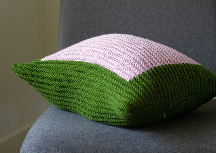 Colourblock Cushion Hand Knit in Emerald & Blush Pink