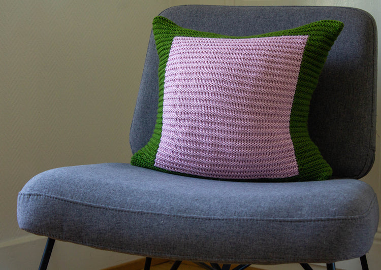 Colourblock Cushion Hand Knit in Emerald & Blush Pink