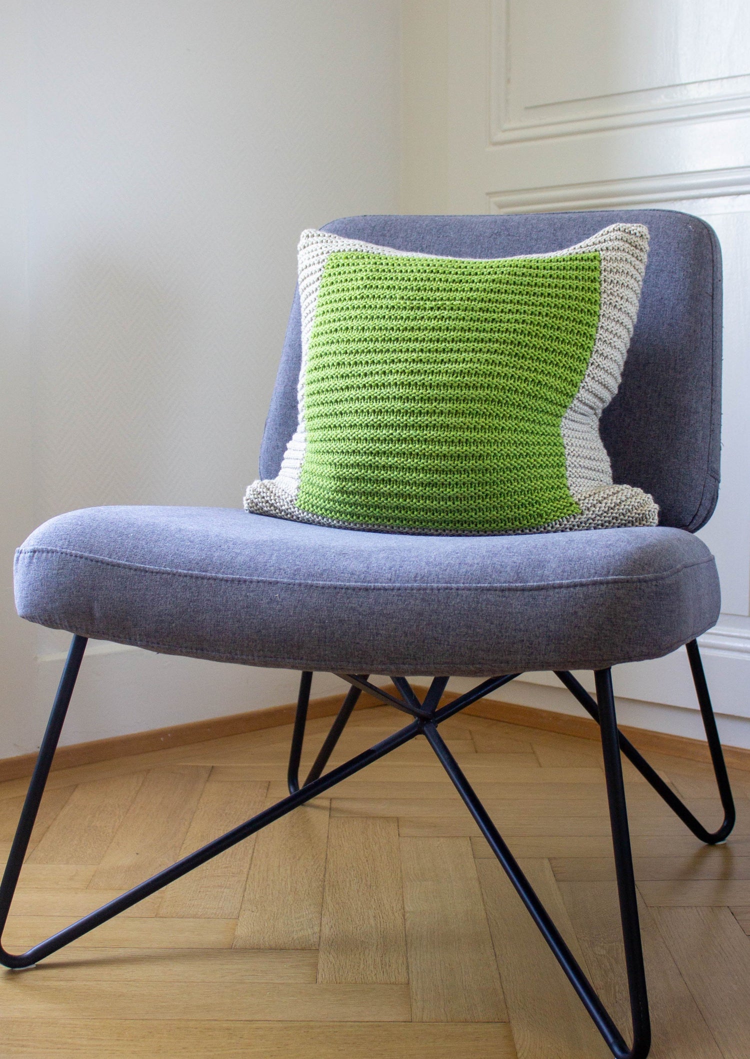 Colourblock Cushion Hand Knit in Ecru and Green