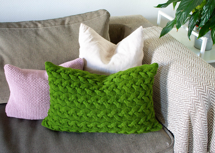 Contemporary Cable Stitch Cushion Hand Knit in Emerald