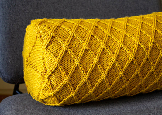 Diamond Stitch Hand Knit Bolster Cushion in Gold