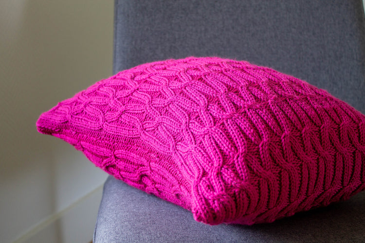 Contemporary Cable Stitch Cushion Hand Knit in Fuchsia