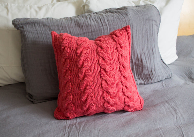Hand Knit Chunky Cable Stitch Cushion - Salmon Pink
