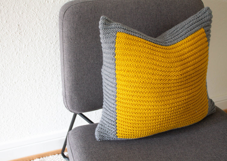 Colourblock Cushion Hand Knit in Grey and Mustard