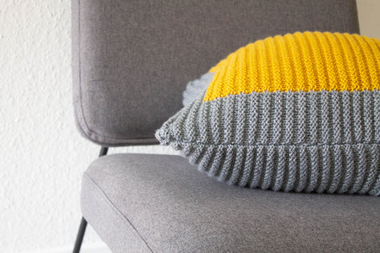 Colourblock Cushion Hand Knit in Grey and Mustard