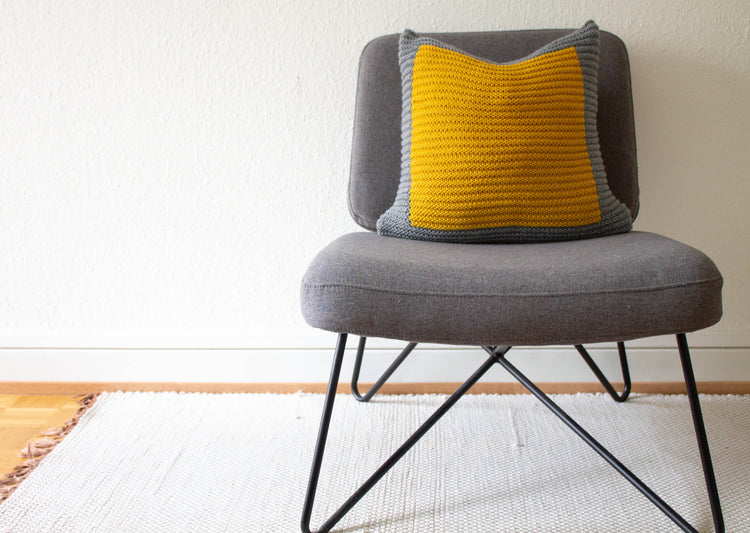 Colourblock Cushion Hand Knit in Grey and Mustard