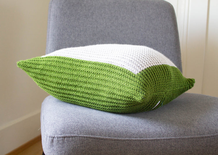 Colourblock Cushion Hand Knit in Green and Grey