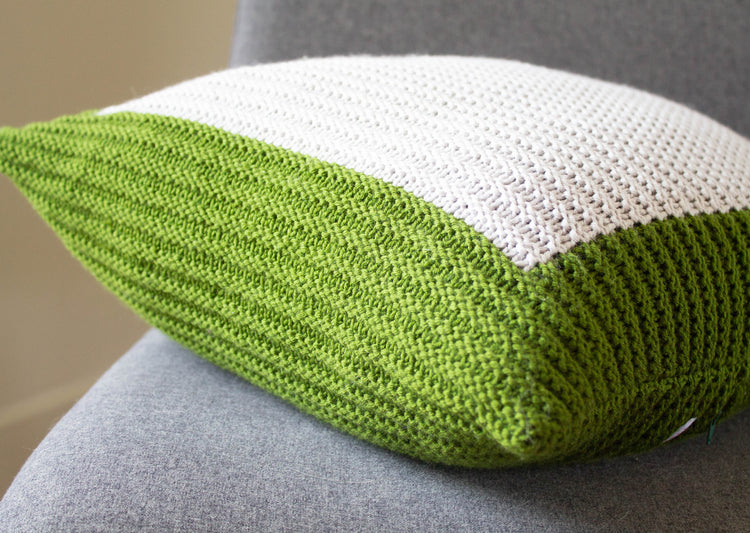 Colourblock Cushion Hand Knit in Green and Grey