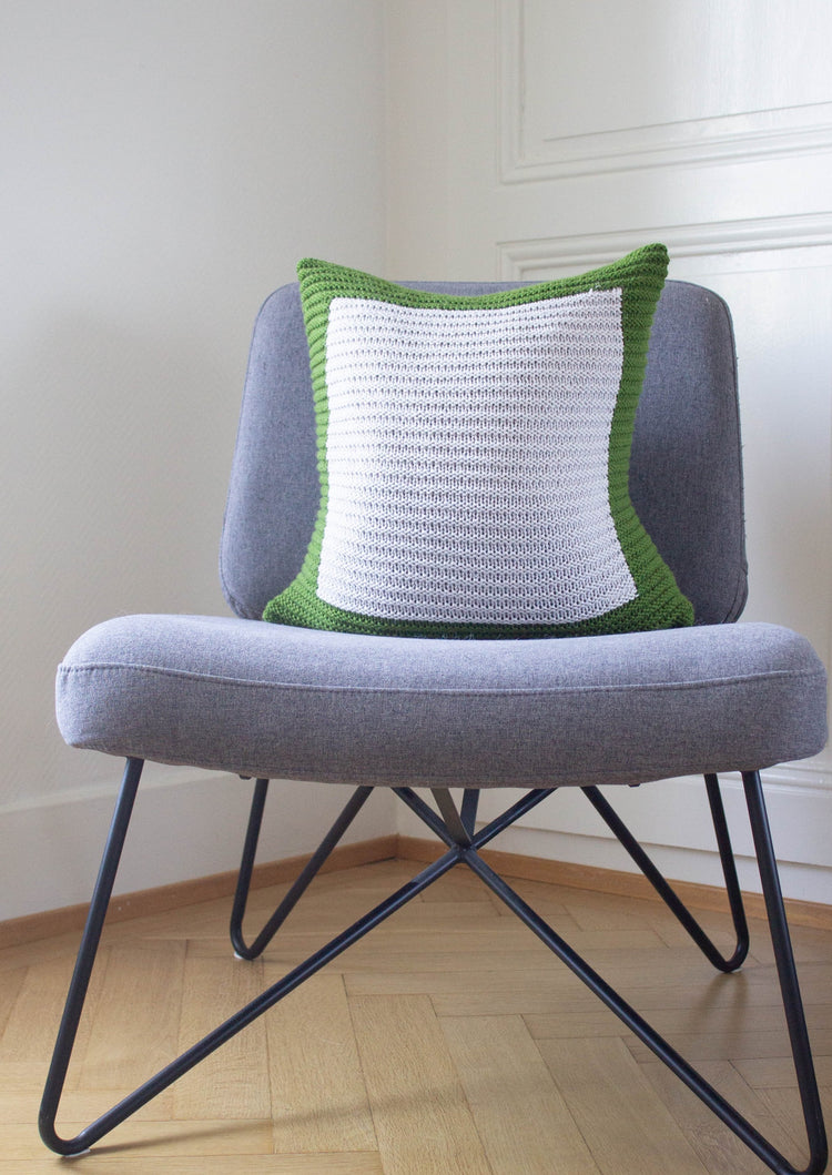 Colourblock Cushion Hand Knit in Green and Grey
