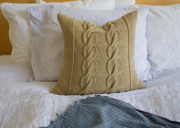 Hand Knit Chunky Cable Knit Cushion - Stone