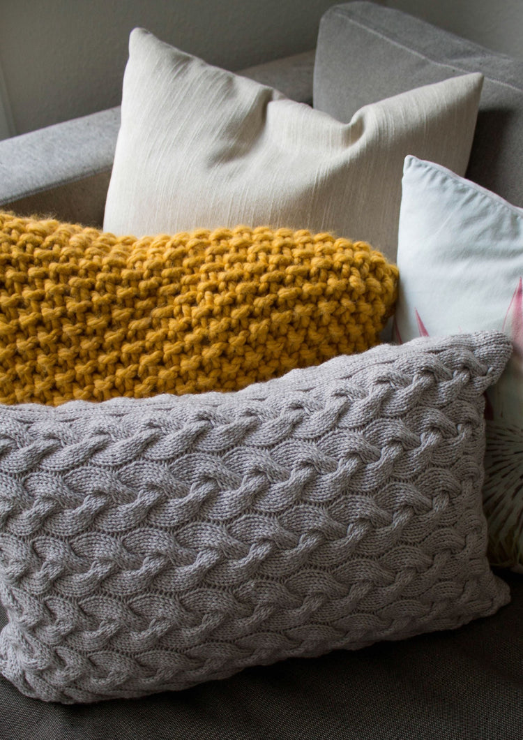 Contemporary Cable Knit Cushion Hand Knit in Grey
