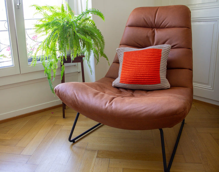 Hand Knit Colourblock Cushion (Ecru and Orange)