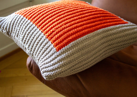 Hand Knit Colourblock Cushion (Ecru and Orange)