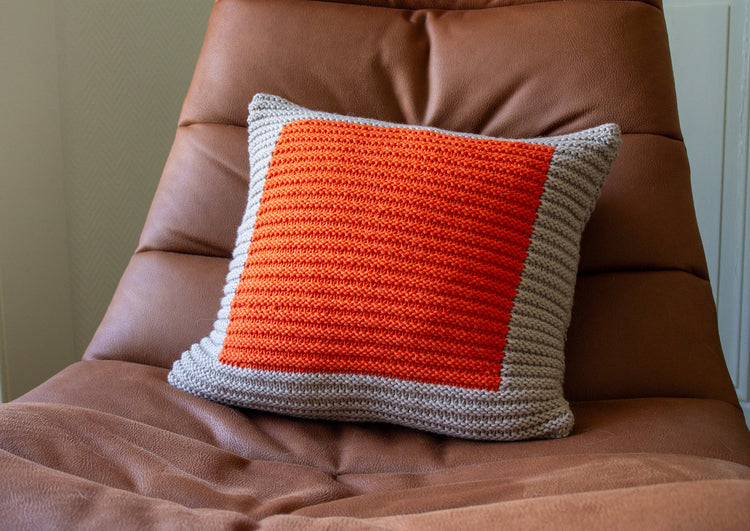 Hand Knit Colourblock Cushion (Ecru and Orange)