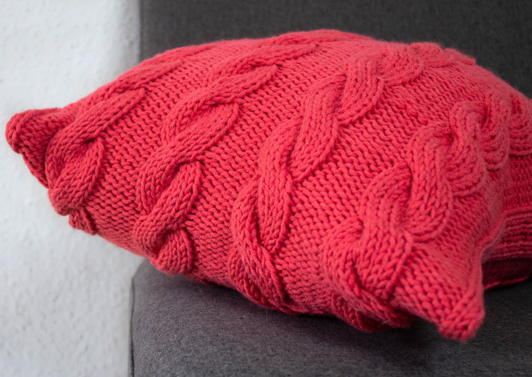 Hand Knit Chunky Cable Stitch Cushion - Salmon Pink