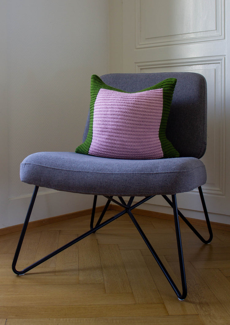 Colourblock Cushion Hand Knit in Emerald & Blush Pink