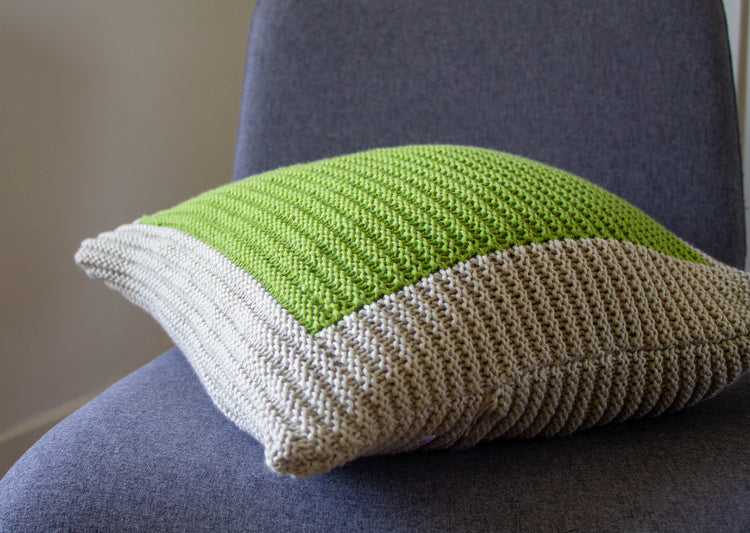 Colourblock Cushion Hand Knit in Ecru and Green