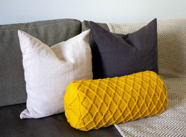 Diamond Stitch Hand Knit Bolster Cushion in Gold