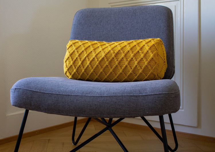 Diamond Stitch Hand Knit Bolster Cushion in Gold