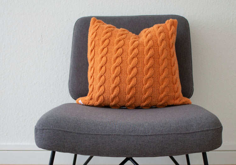 Hand-Knit Plaited Cable Stitch Cushion - Apricot