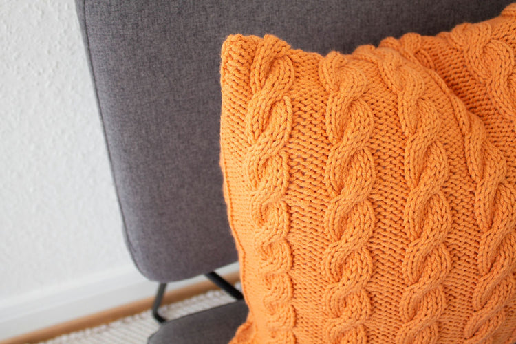 Hand-Knit Plaited Cable Stitch Cushion - Apricot