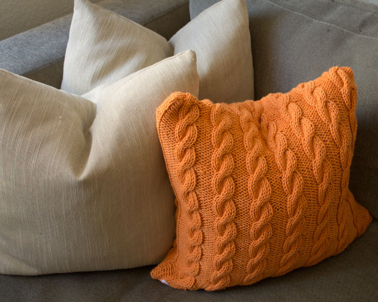 Hand-Knit Plaited Cable Stitch Cushion - Apricot