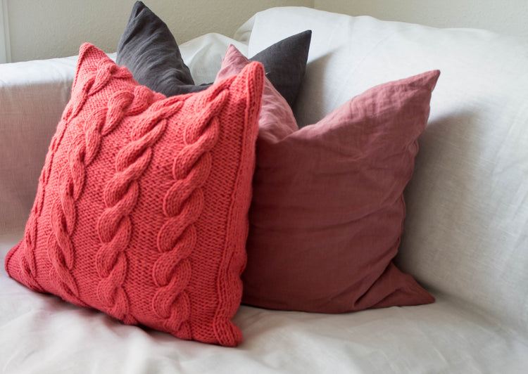 Hand Knit Chunky Cable Stitch Cushion - Salmon Pink