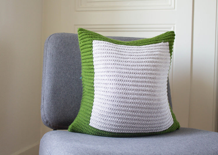 Colourblock Cushion Hand Knit in Green and Grey