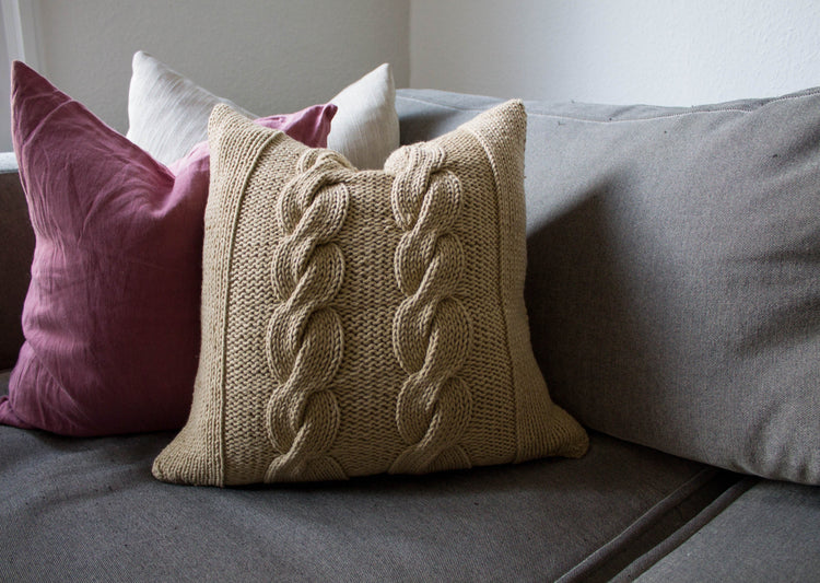 Hand Knit Chunky Cable Knit Cushion - Stone