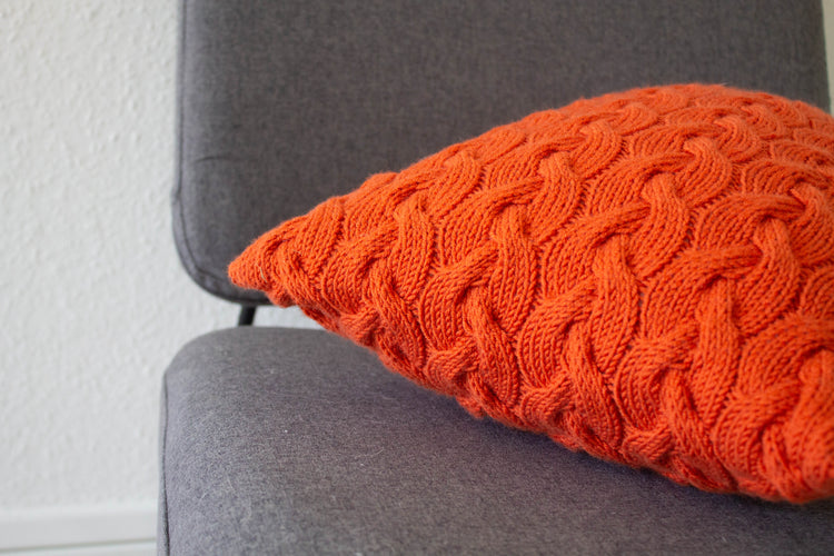 Contemporary Lattice Knit Cushion Hand Knit in Tangerine